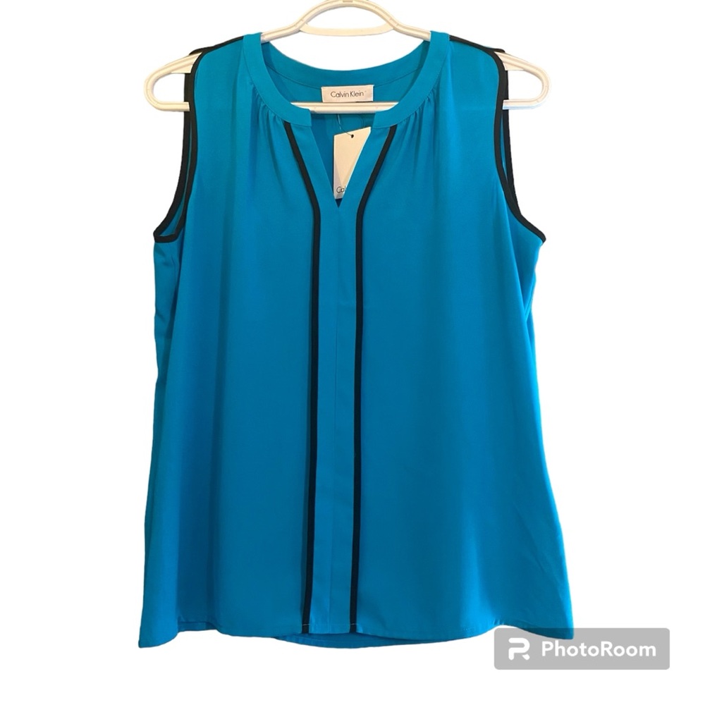 NWT Calvin Klein Turquoise Blue Black Trim Sleeveless Split Neck Tank Top Sz S